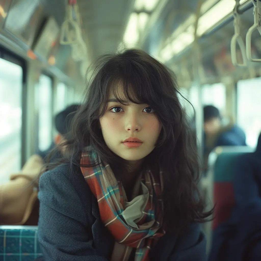 Japanese female high school student, age 17, wears a navy blue blazer, a plaid skirt, and a red scarf. Looking at the camera.